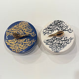 Beautiful Round Ceramic Chocolate Container With A Lid Designed by Calligraphy & A Bird in 2 Colors