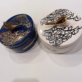 Beautiful Round Ceramic Chocolate Container With A Lid Designed by Calligraphy & A Bird in 2 Colors