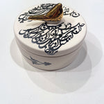 Beautiful Round Ceramic Chocolate Container With A Lid Designed by Calligraphy & A Bird in 2 Colors