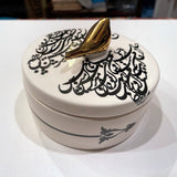 Beautiful Round Ceramic Chocolate Container With A Lid Designed by Calligraphy & A Bird in 2 Colors