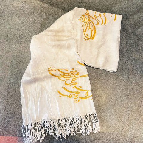 Women Shawl/Scarf with Printed Calligraphy of aPersian Poem - White/Golden
