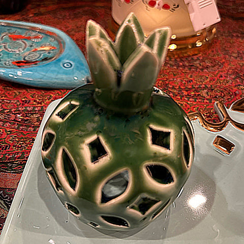 Candle Holder - A Unique Reticulated Ceramic Pomegranate- Green