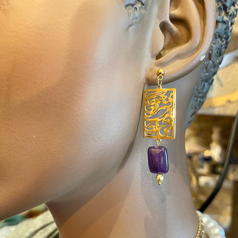 Unique Stainless Golden Earrings with a Beautiful Calligraphy and a Purple Stone