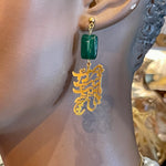 Unique Stainless Golden Earrings with a Beautiful Calligraphy & Emerald Stone