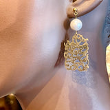 Unique Stainless Golden Earrings with a Beautiful Calligraphy and Pearl Bead