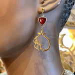 Unique Stainless Golden Earrings with a Beautiful Calligraphy & Ruby Bead- Pomegranate Shape