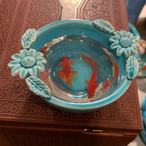 Fish Bowl - Unique Turquoise Ceramic Bowl with Sculptures of Fishes!