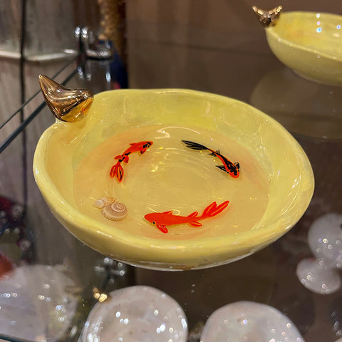 Fish Bowl - Beautiful Glazed Ceramic Bowl with A Bird Covered by 11-Carat Gold - Style #2