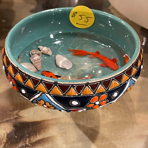Fish Bowl - Unique Glazed Ceramic Bowl with Sculptures of Fish and Shell!