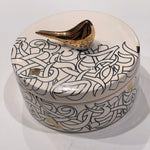 Beautiful Round Ceramic Chocolate Container With A Lid Designed by Calligraphy & A Bird
