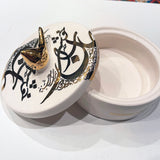 Beautiful Round Porcelain Chocolate Container With A Lid Designed by Calligraphy & A Bird