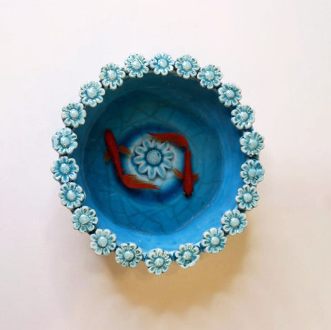 Fish Bowl - Very Beautiful Turquoise Ceramic Bowl with Sculptures of Fishes!
